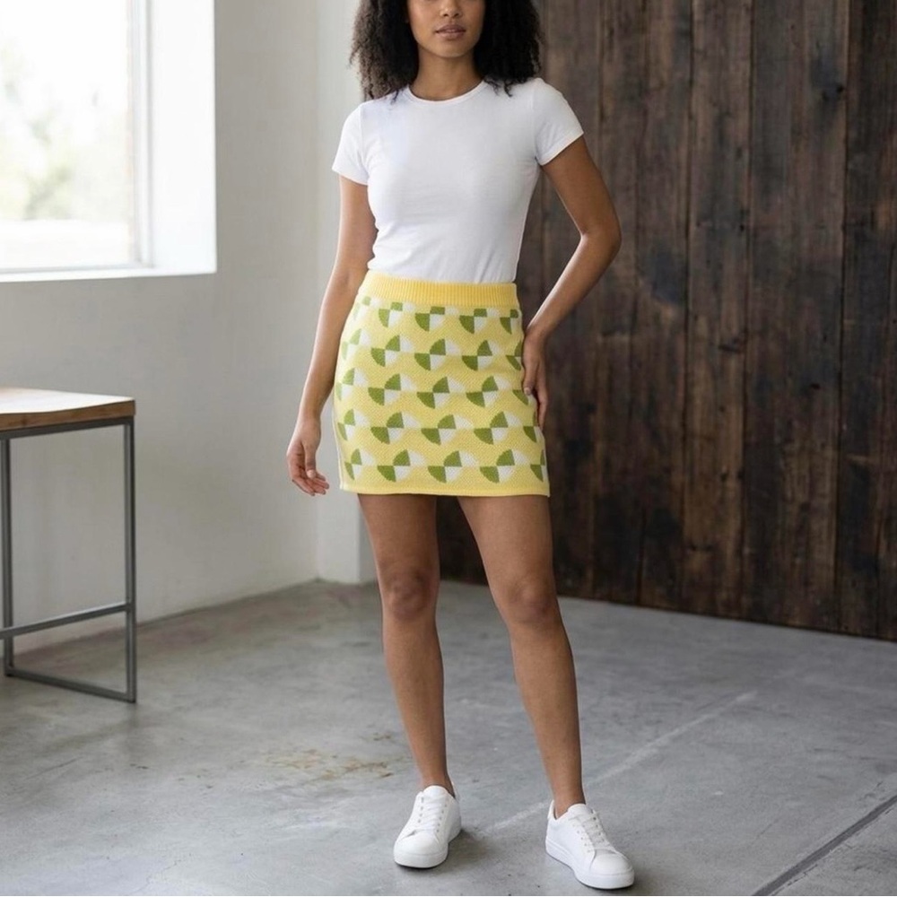 Emory Park Yellow Geometric Knit Mini Skirt with Green Accents